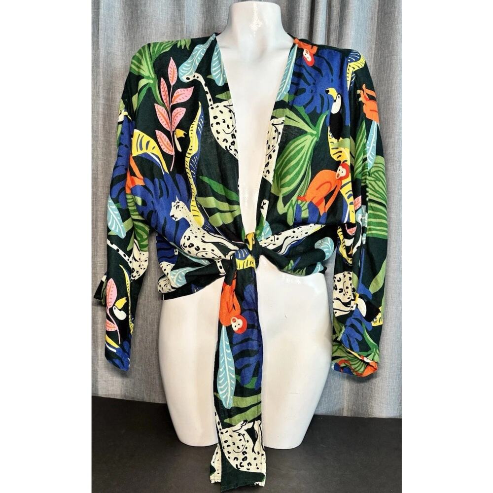 Christian Siriano Tropical Print Linen Blend Tie Front Wrap Top Vacation O/S